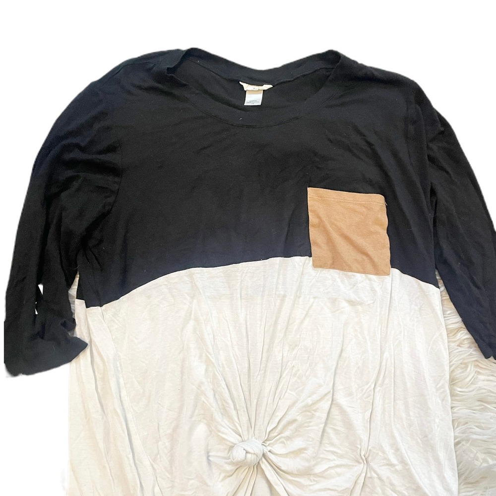 Tru Self Color Block Front Knot Top Black White Brown Women's Plus Size 1x - Picture 2 of 5